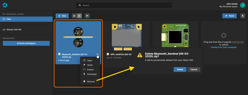 Any data snapshot that you have personally uploaded can be deleted. This affects access for everyone – since you are the owner and the snapshot is removed permanently from the Altium 365 platform, all other collaborators will lose their access to it.