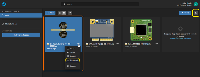 Accessing controls for downloading a data snapshot that has previously been uploaded to your Personal Space.