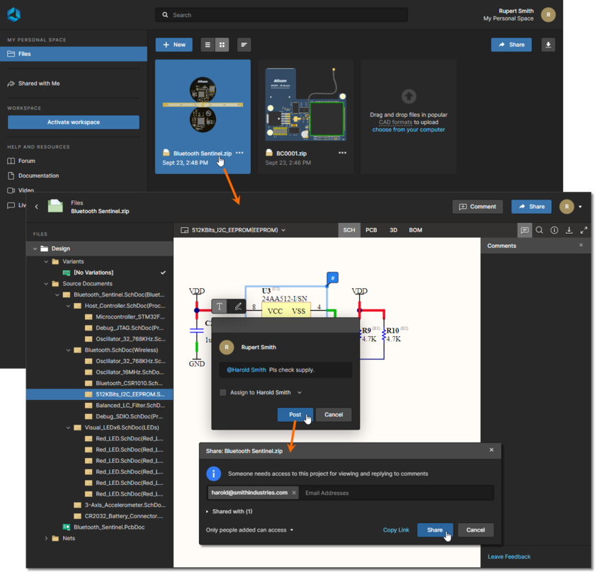 The Share window will be presented when a Comment mentions a user who does not have access to the design.