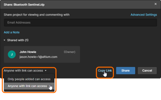 Select an option from the Share dialog's access drop-down menu to open access to anyone with the link, or all members of your organization.