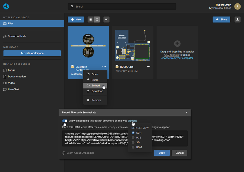 Select an upload's Embed option in the Embed design window to access HTML code to place in your website.