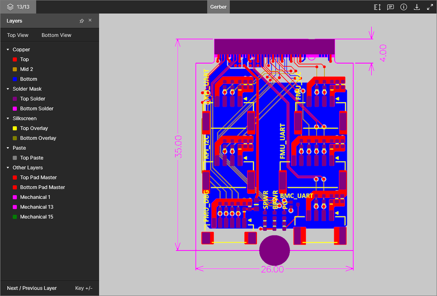 Screen capture of an uploaded Gerber file collection embedded as a design view in a website.