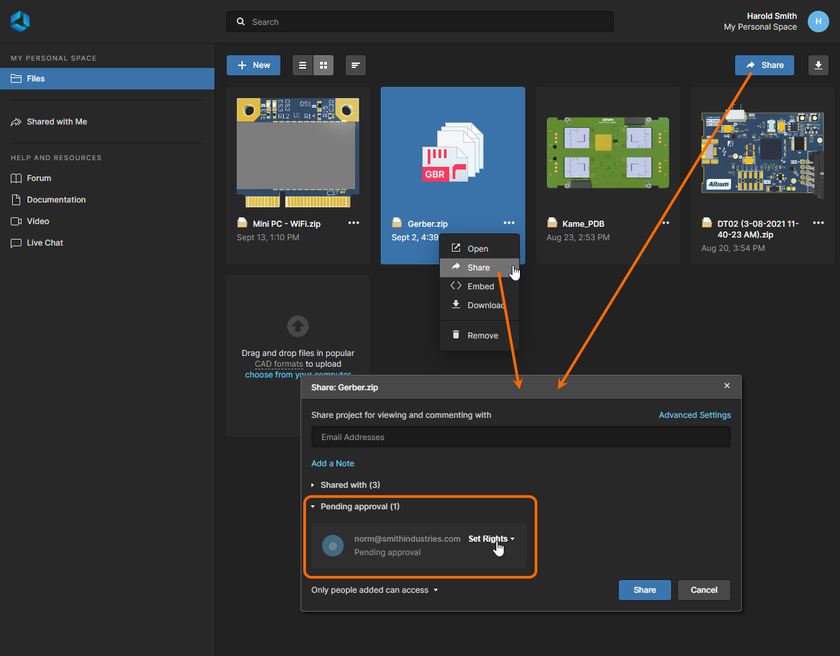 The owner of a reshared entity can approve the share request through the Share window.