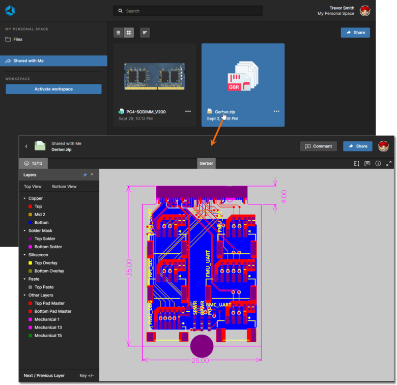 A design project or data collection that has been shared with you can be opened for inspection from the Shared with Me page of the interface.