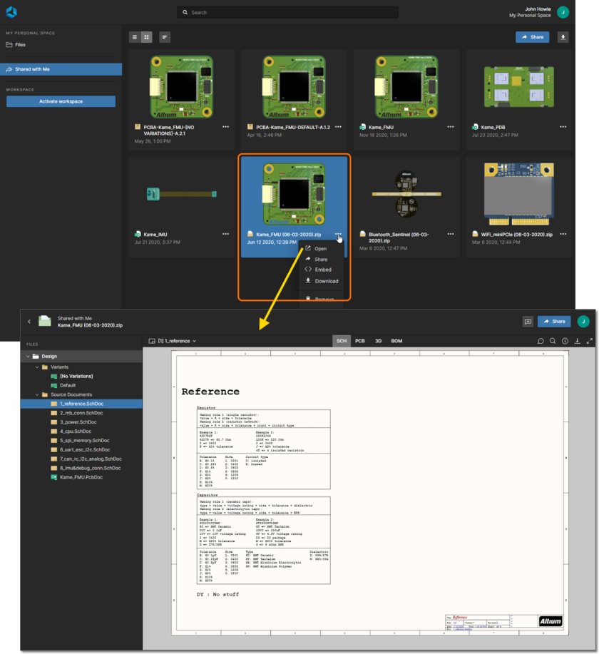 Accessing the data snapshot from the Shared with Me page of the Altium 365 Platform Interface.