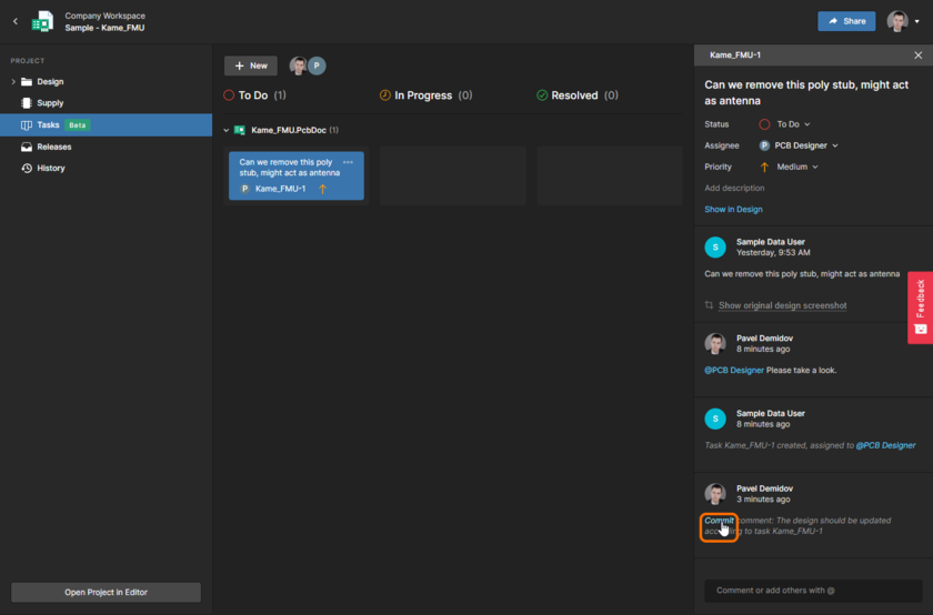 The link to the connected commit will be shown in the task detail pane. Hover the cursor over the image to see the History page that opens after clicking the link and the related commit highlighted on the timeline.