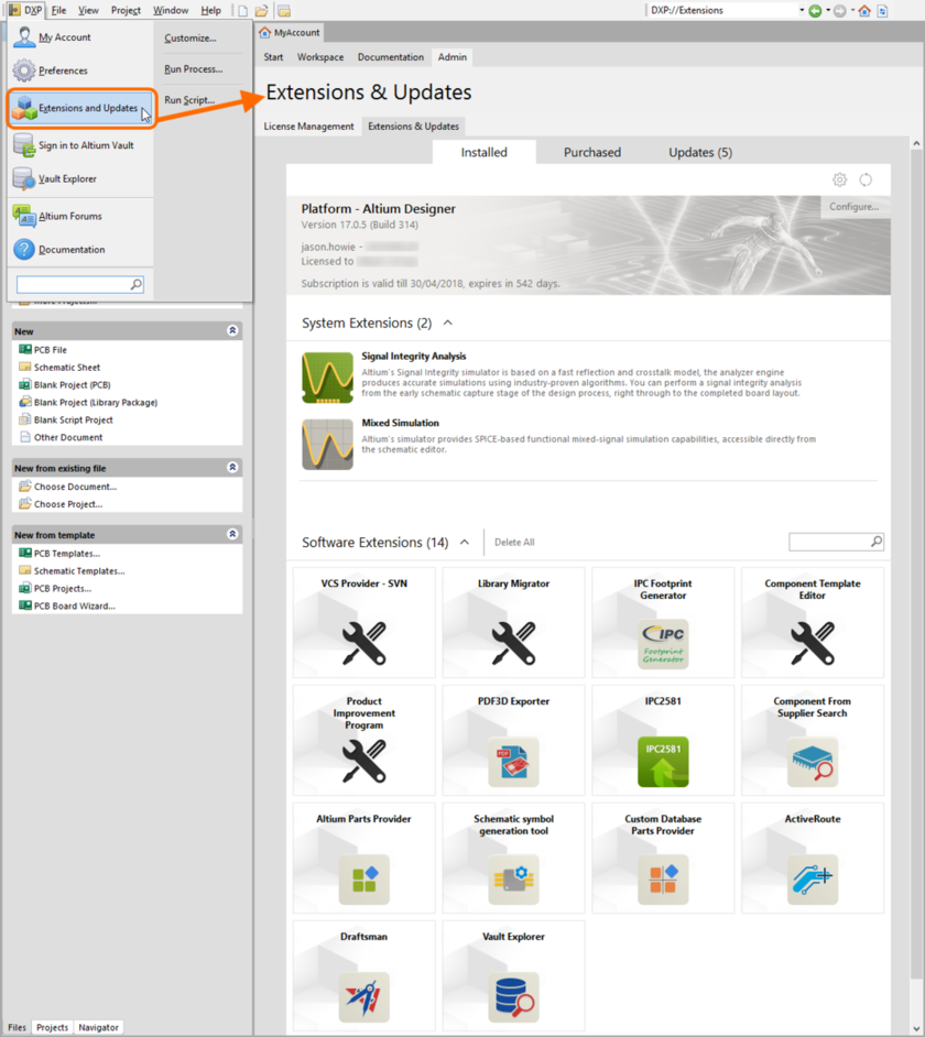 Accessing the Extensions & Updates area - command central from which to efficiently manage the functionality available to the software.