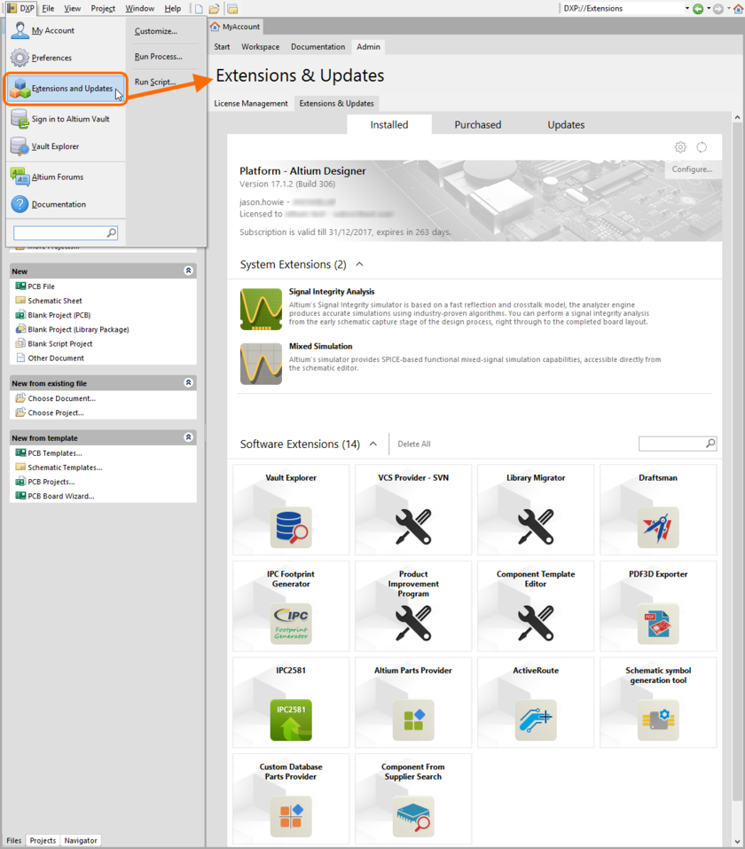 Accessing the Extensions & Updates area - command central from which to efficiently manage the functionality available to the software.
