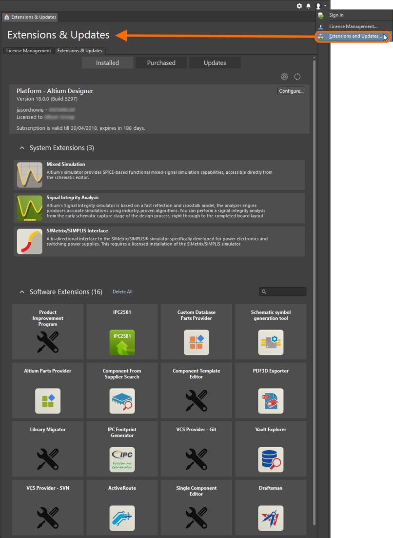 Accessing the Extensions & Updates area - command central from which to efficiently manage the functionality available to the software.