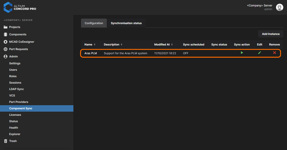 A connectivity instance for data exchange with the Aras PLM system is configured from the server's Component Sync page.