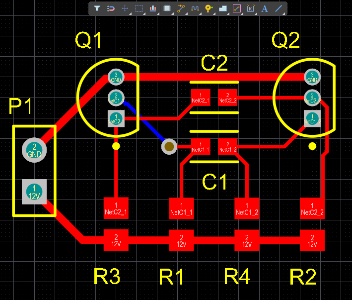 PCB editor, results after ActiveRoute has routed the selected nets