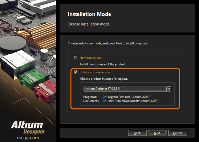 Choose to update an existing instance of Altium Designer during installation of a later version of the software.