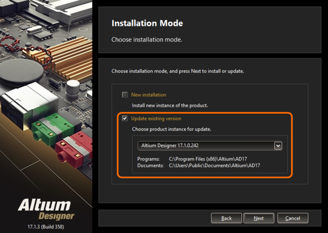 Choose to update an existing instance of Altium Designer during installation of a later version of the software.