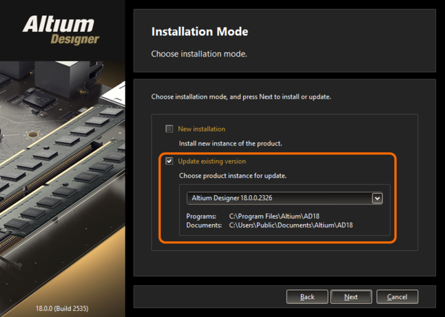 Choose to update an existing instance of Altium Designer during installation of a later version of the software.