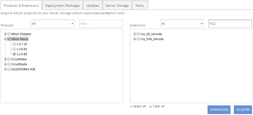 The Products & Extensions tab of the NIS interface is where you choose the product, and relevant extensions, that you wish to acquire (or download). Here, an example

product is selected ready for acquisition. Notice also that you can use the filtering fields to quickly find what you need (as shown here in the Extensions region).