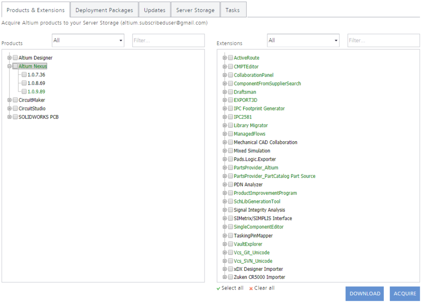 Acquired product and extensions (and relevant versions thereof) are highlighted through the use of green text.