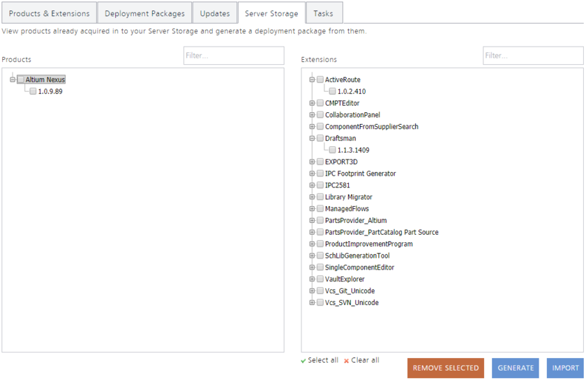 The Server Storage tab of the NIS interface reflects all products and extensions that are currently available in your local Altium Infrastructure Server. These are then used to

fashion and generate a deployment package.