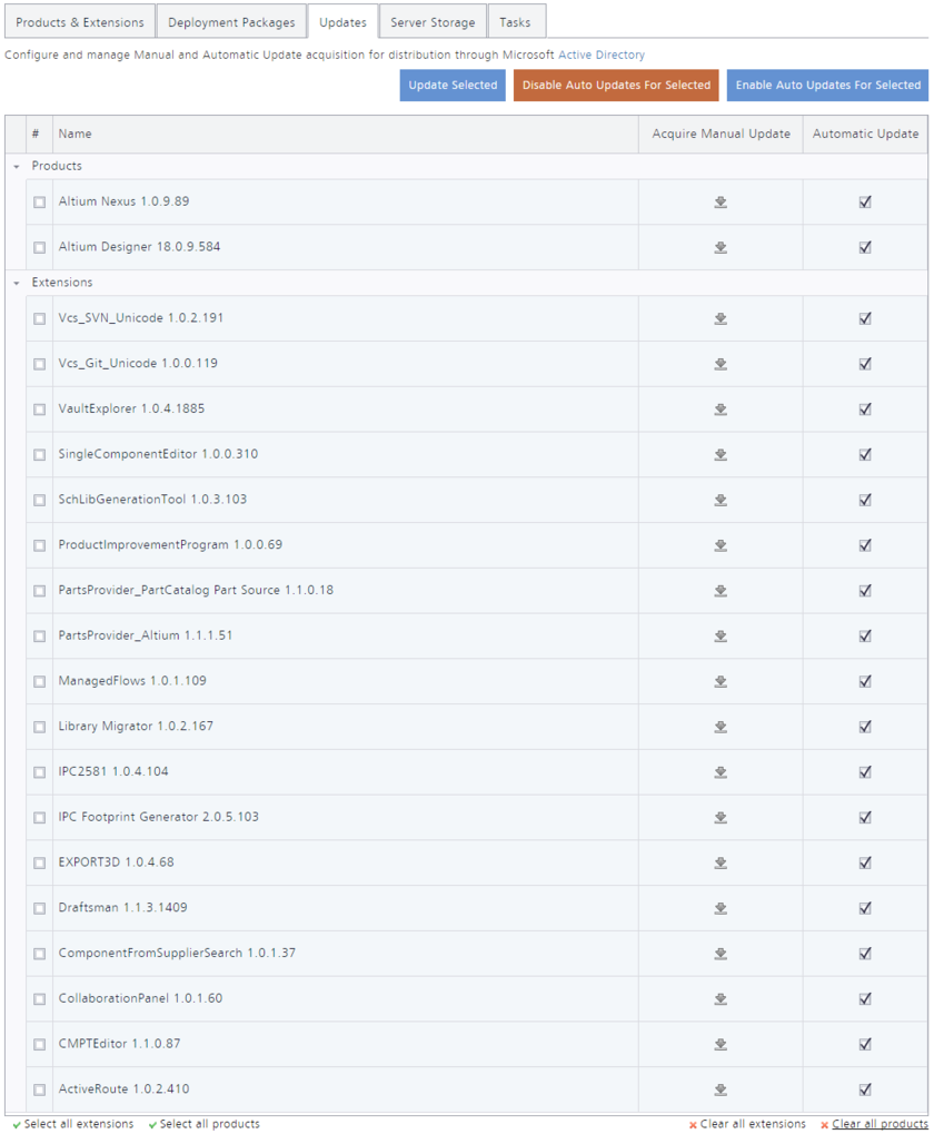 The Updates tab of the NIS interface - command central for controlling how the products and extensions in your local Altium Infrastructure Server get updated, when later versions of those

products and extensions become available in the Altium Cloud Repository.