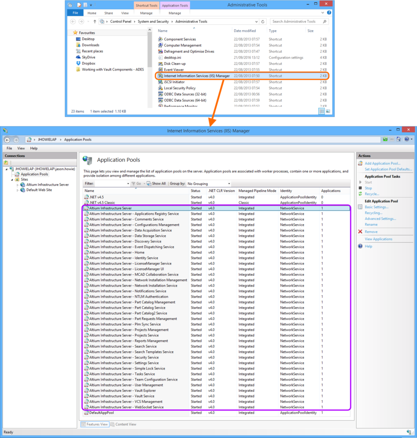 Checking that the Altium Infrastructure Server-related IIS application pools are started after installation.