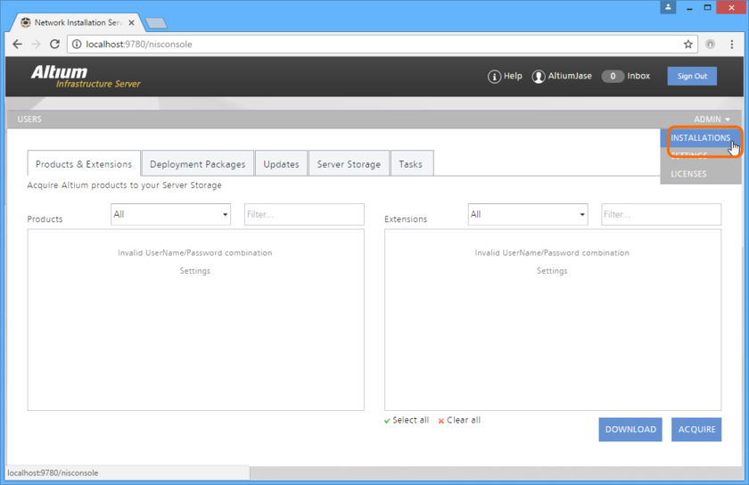 Accessing the INSTALLATIONS page of the Altium Infrastructure Server's browser-based interface - your connection to the Network Installation Service. You must be signed-in as an

administrator for your Infrastructure Server, in order to access and interact with the NIS.