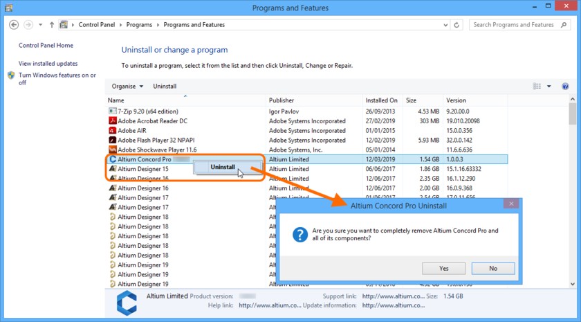 Uninstalling Altium Concord Pro.