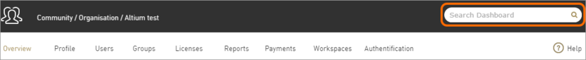Search for a user, group or license using the Dashboard's search feature.