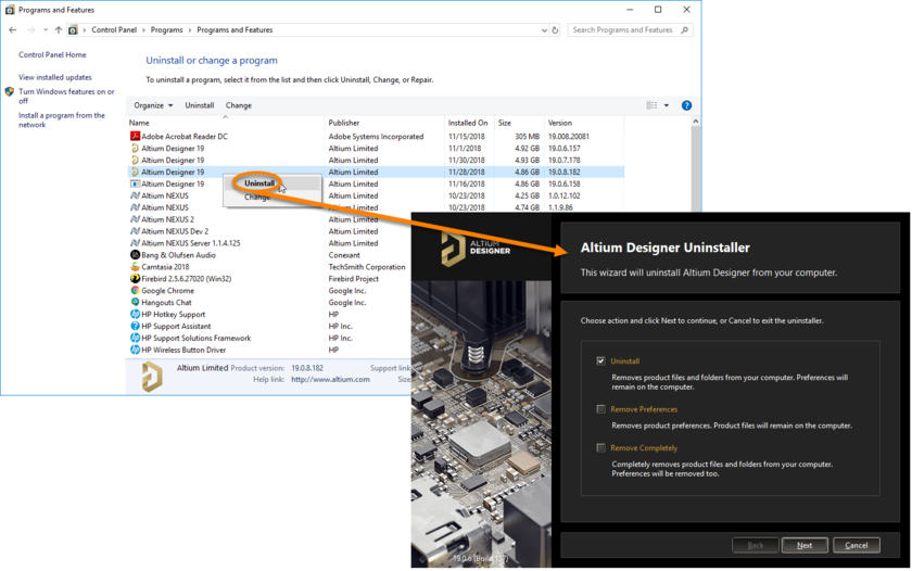 Uninstalling the software is streamlined, courtesy of the Altium Designer Uninstaller.