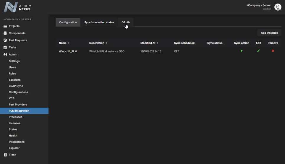 Use the OAuth tab on the PLM Management page to access the OAuth provider setup.