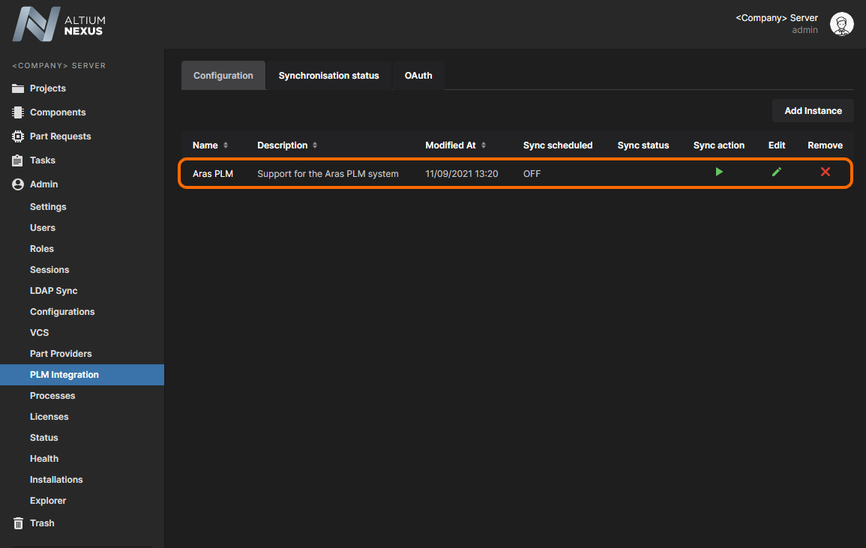 A connectivity instance for data exchange with the Aras PLM system is configured from the server's PLM Integration page.
