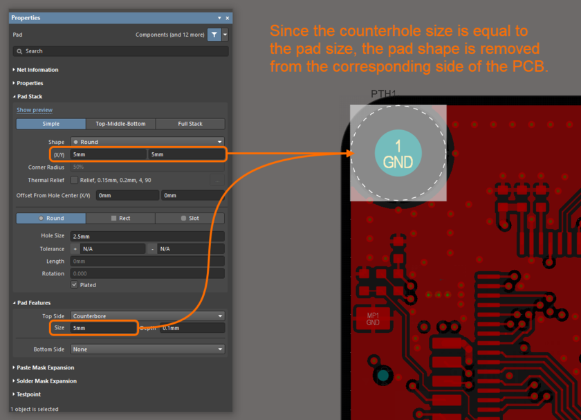 Example of a removed pad shape from the top layer.