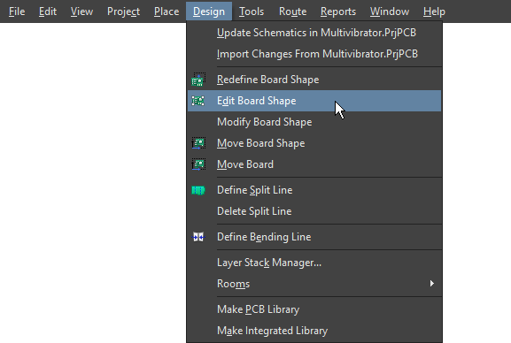 Menu command to edit the board shape