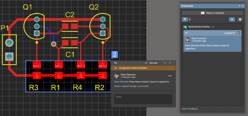 Comment for an area in the PCB document. A user is mentioned in the comment, and the comment is assigned to this user.