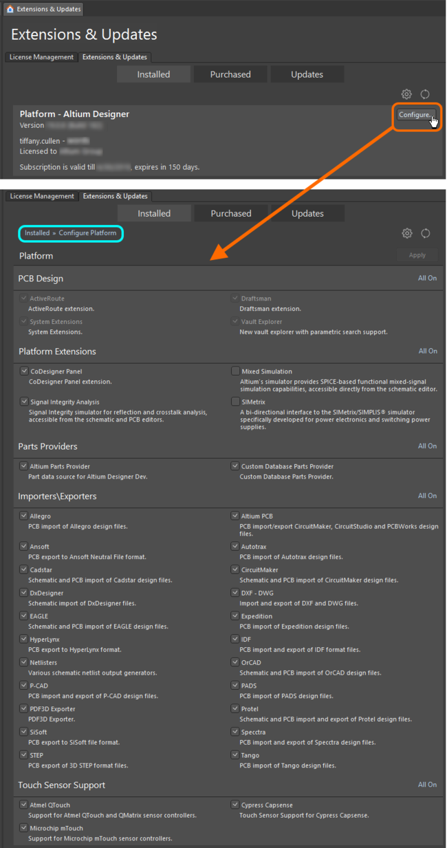 Make changes to the core functionality of your Altium Designer installation by configuring the platform from within the

Extensions & Updates view.