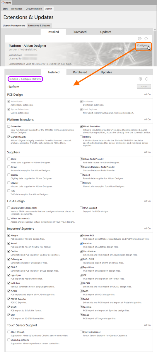 Make changes to the core functionality of your Altium Designer installation by configuring the platform from within the

Extensions & Updates view.