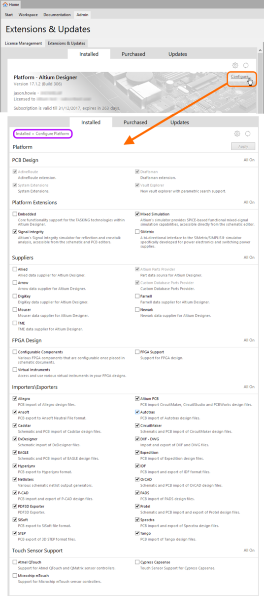 Make changes to the core functionality of your Altium Designer installation by configuring the platform from within the

Extensions & Updates view.