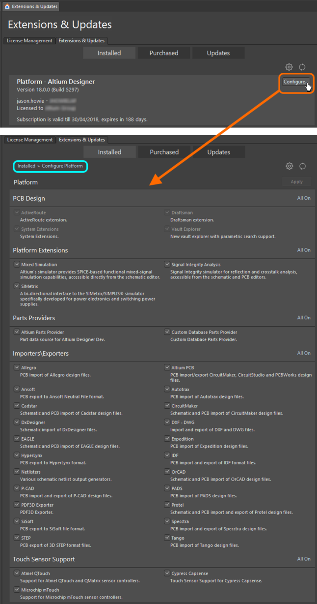 Make changes to the core functionality of your Altium Designer installation by configuring the platform from within the

Extensions & Updates view.