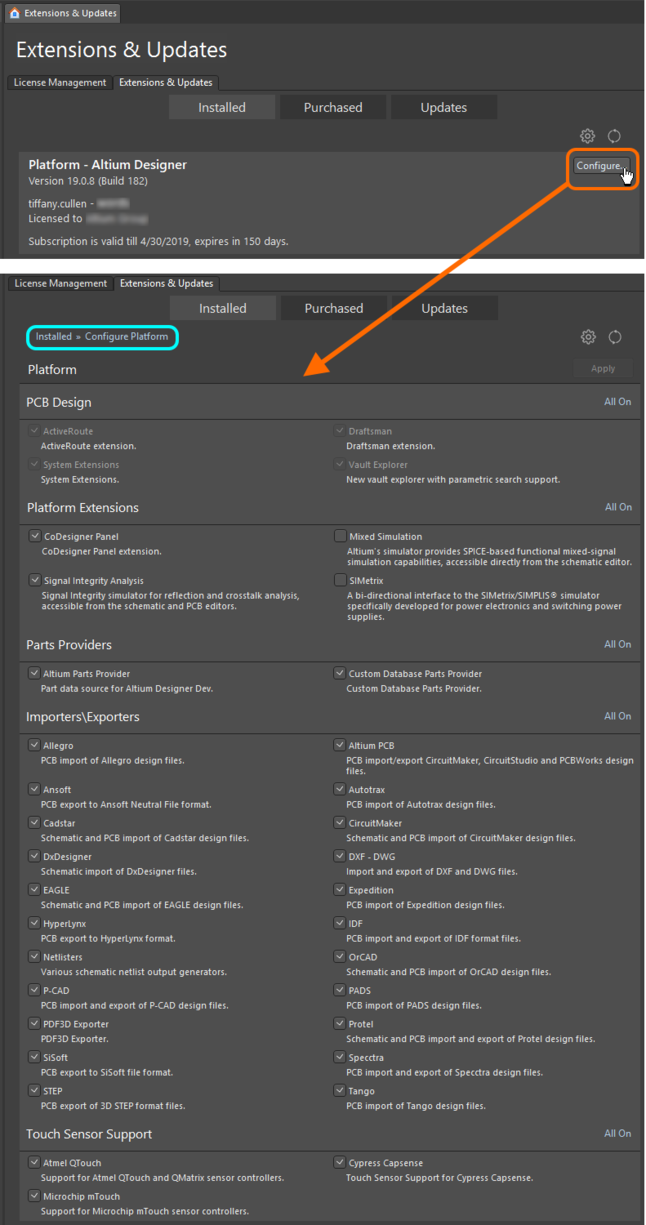 Make changes to the core functionality of your Altium Designer installation by configuring the platform from within the

Extensions & Updates view.