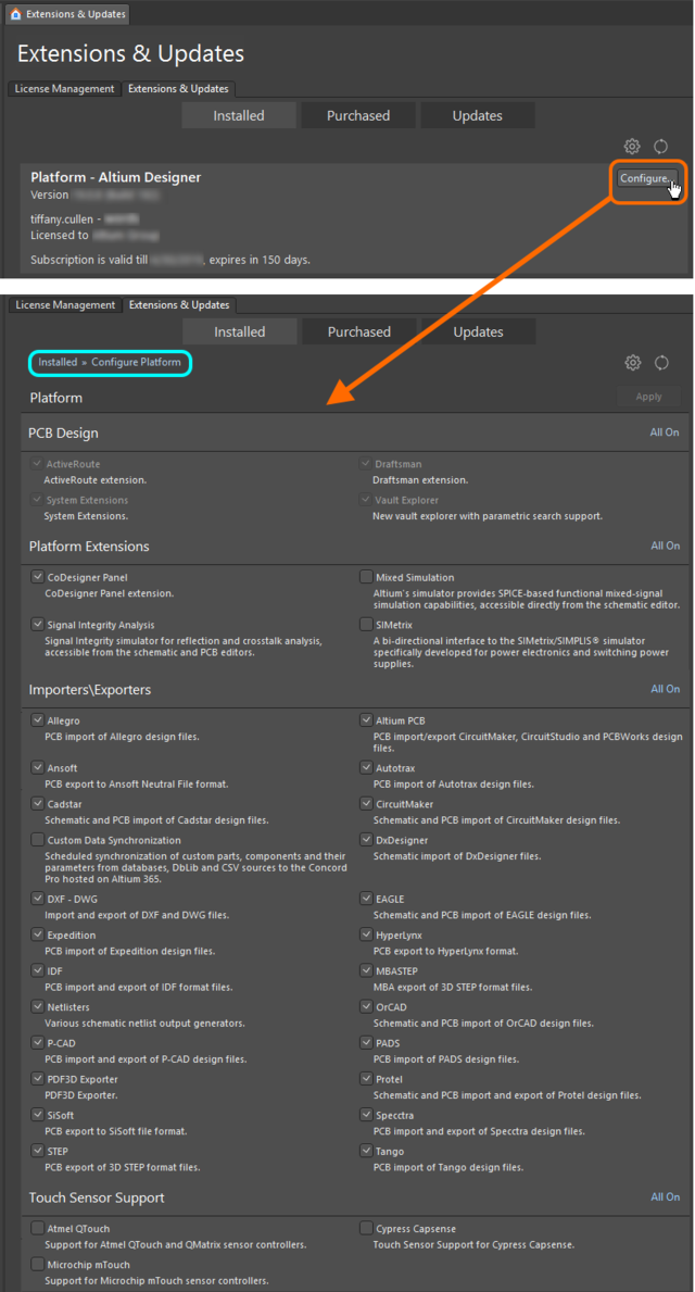 Make changes to the core functionality of your Altium Designer installation by configuring the platform from within the

Extensions & Updates view.