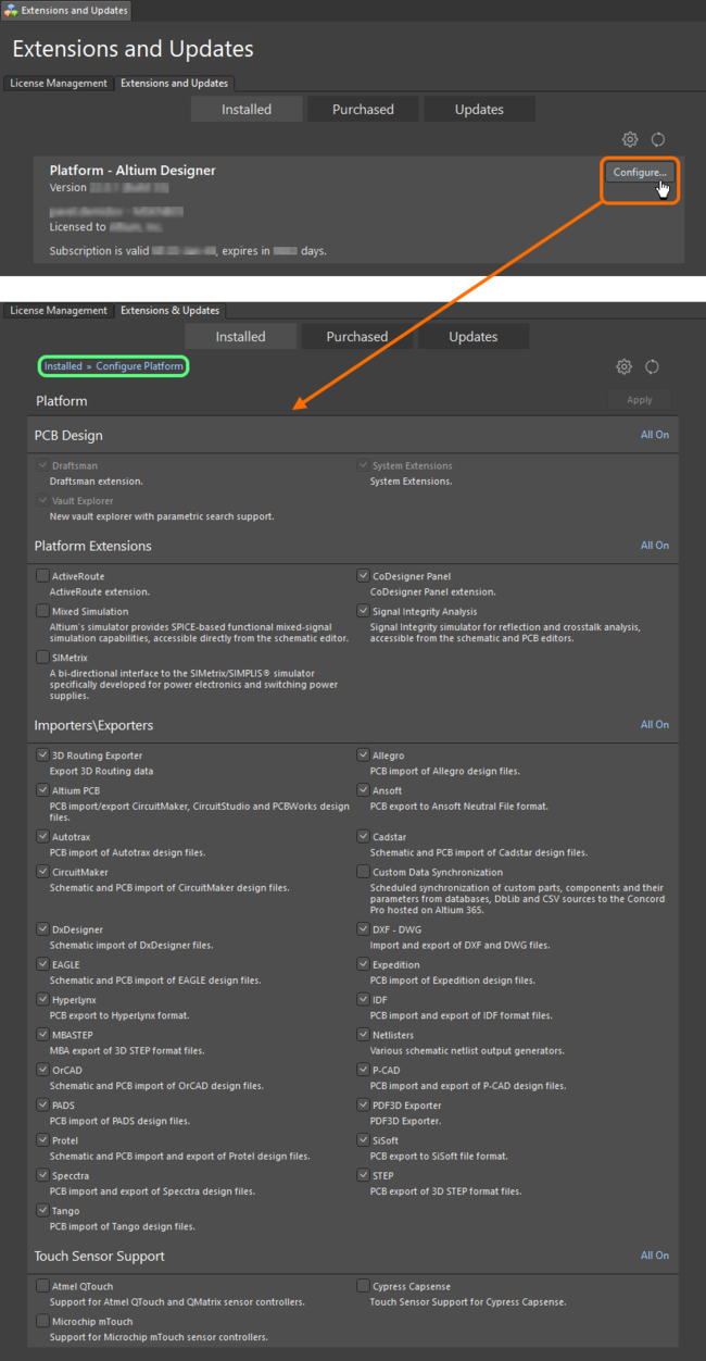 Make changes to the core functionality of your Altium Designer installation by configuring the platform from within the Extensions and Updates view.