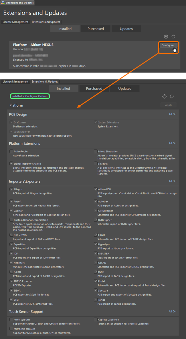 Make changes to the core functionality of your Altium NEXUS installation by configuring the platform from within the Extensions and Updates view.