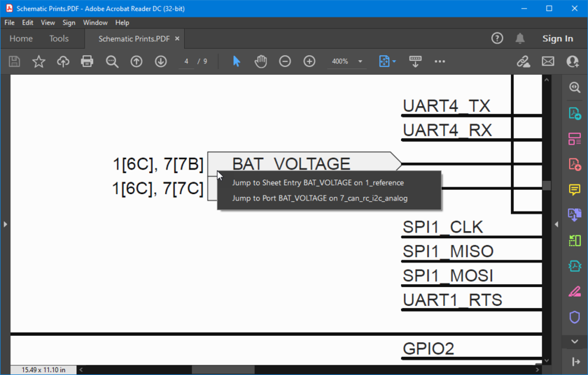 In the schematic PDF output, multiple connected objects can be easily navigated using the pop-up menu.