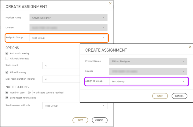 Assigning the license to the required group for an On-Demand license (back) and Standalone license (front).