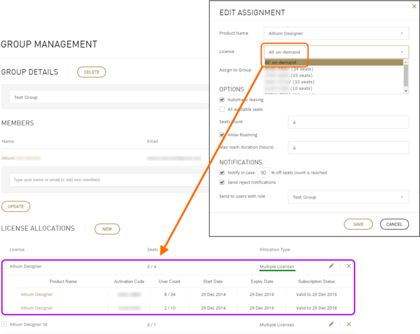 Quickly allocating multiple licenses of the same name to a group defined for the account.