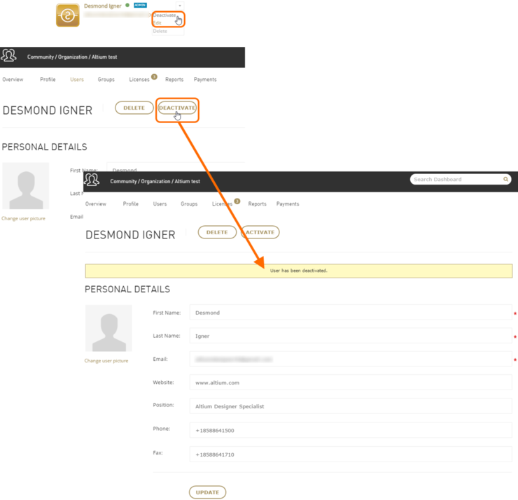 Deactivate a user when you want to keep them attached to your Altium Account, but without assigning any resources to them.