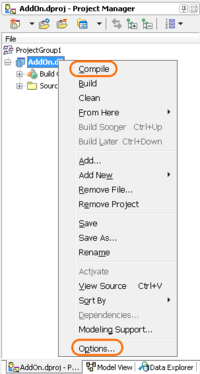 In Delphi, right click the output DLL reference or use the Project menu to access the Compile command and Options setup dialog.