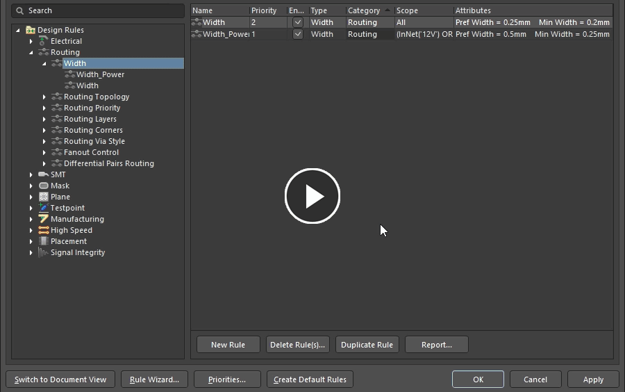 Demonstration video, configuring a Routing Width design rule in the PCB editor