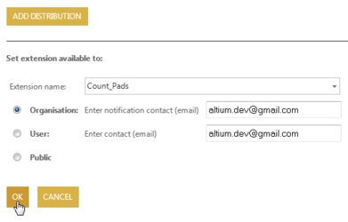 Configure and apply the Licensing (left) and Distribution (right) options for a specific extension.