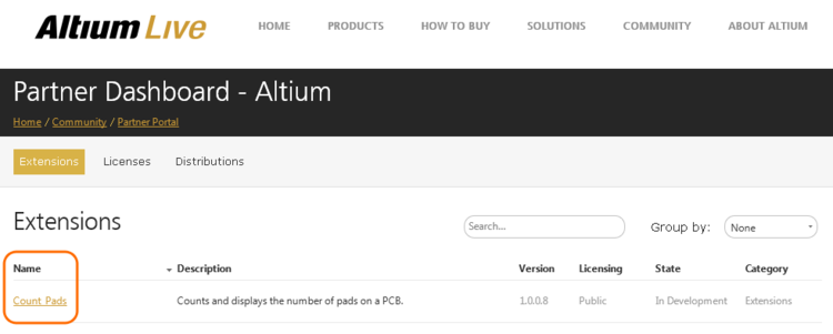 Click on a listed extension in the Partner Dashboard to view its detailed information and expose its Licensing and Distribution options.