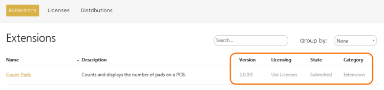 Updates to a published extension's Version, License configuration and Lifecycle state shown in the Dashboard