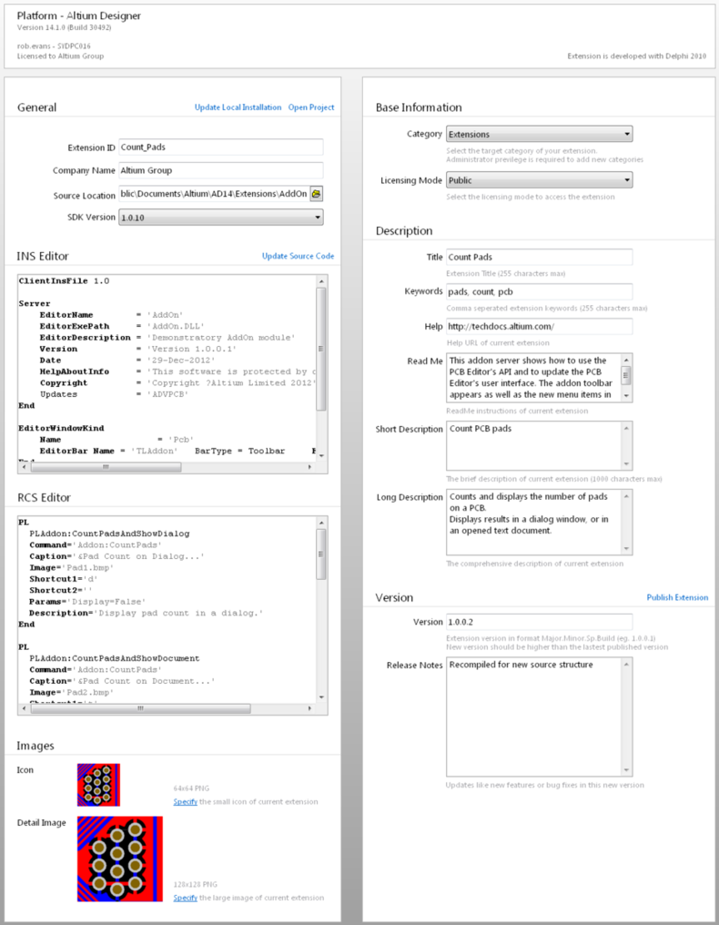 The DXP Developer interface acts as an EPD file editor, config file editor, software extension installer and secure file distributor for custom Altium Designer extensions.